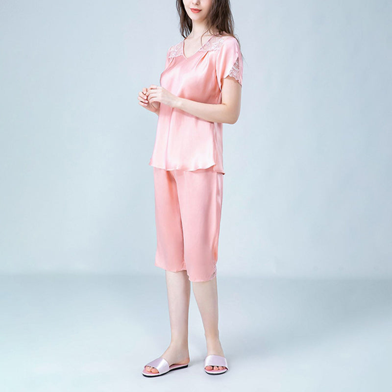 V-Neck Silk Pajamas with Hollow Out Lace Detail