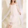 White Off-the-shouler Mesh Long Sleeves Nightgown