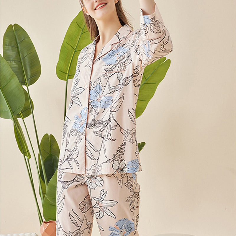 Flowers Printed Trimmed Pajama Set