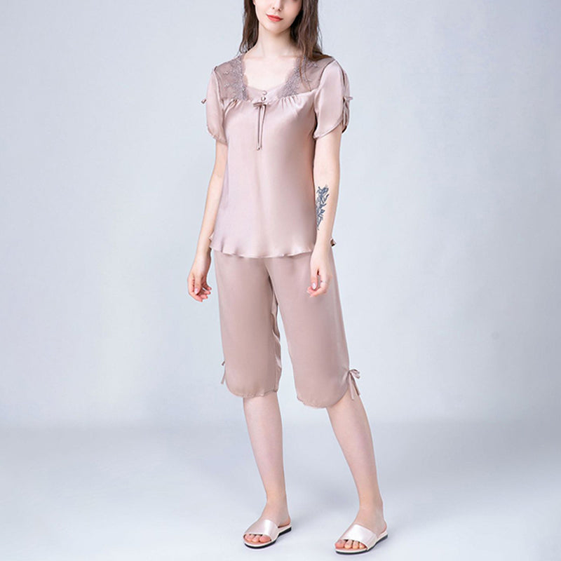 Square Neck Silk Pajamas with Sher Lace Detail