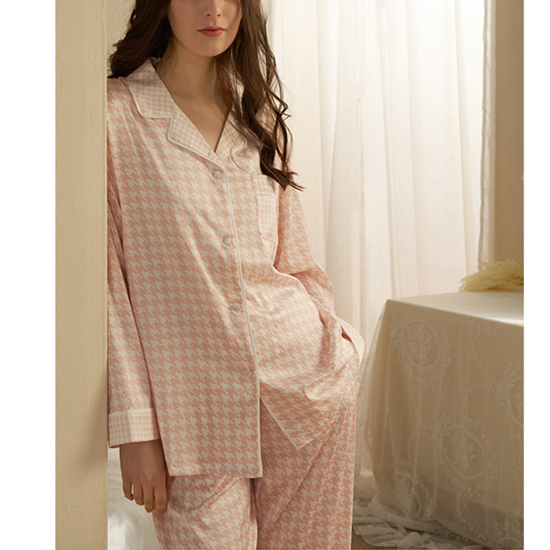 Pink Houndstooth Print Pajama Set