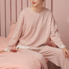 Pink Round Neck Pajama Set with Lace Trim