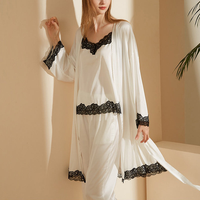 White Lace Trimed Long Pajama Set