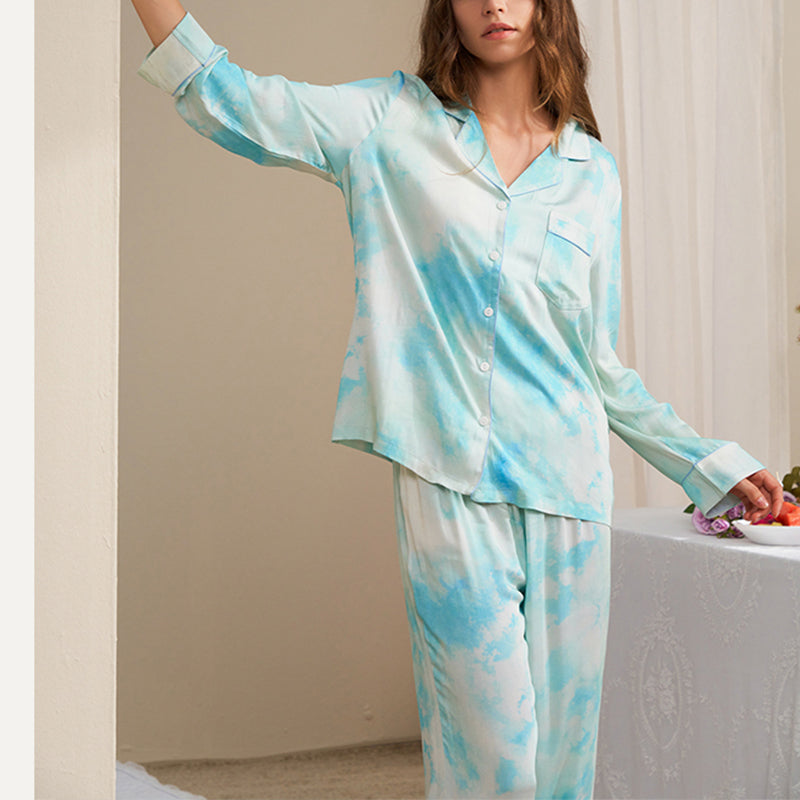 Blue Tie-dye Print Pajama Set