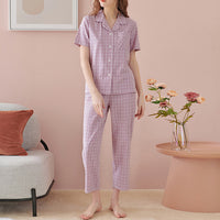 Purple Round Neck Check Print Pajama Set