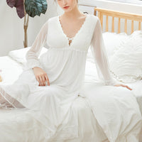 White V Neck Mesh Long Sleeves Nightgown