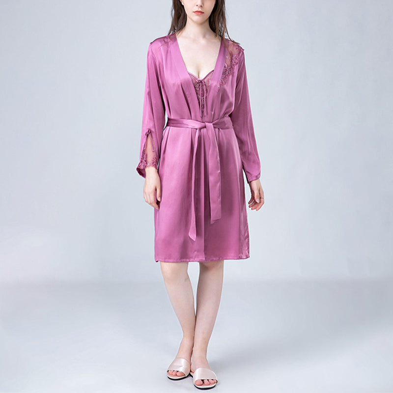 Floral Hollow Out Lace Nightdress and Robe Set