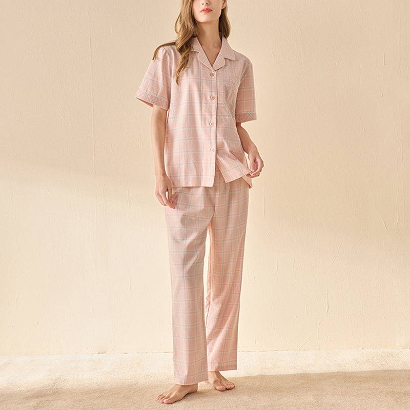 Pink Check Print Round Neck Pajama Set