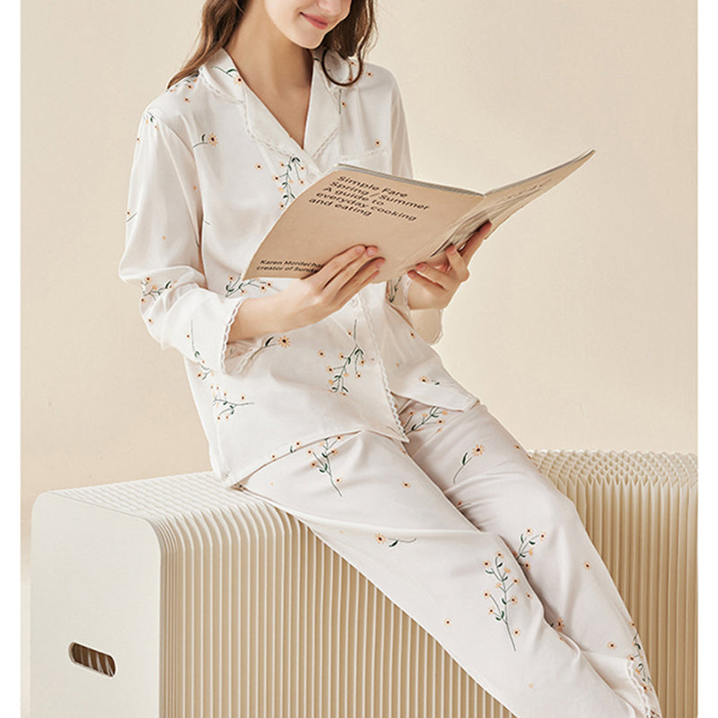 Flowers Printed Lace Trimmed Pajama Set