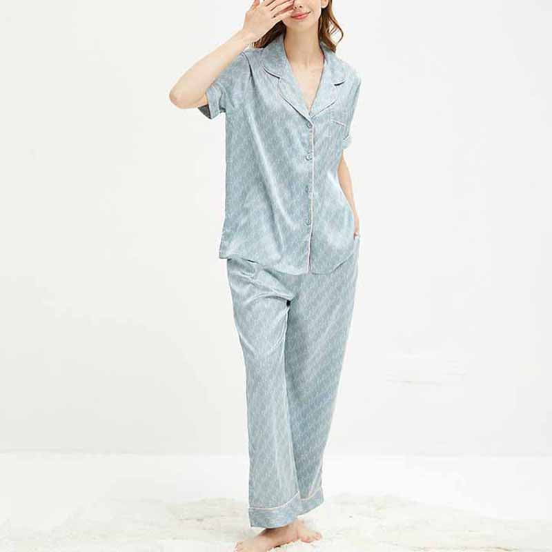 Light Blue Satin Short Sleeves Pajama Set