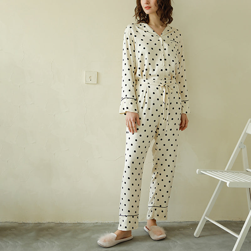 Beige Polka Dots Print Long Sleeved Pajama Set