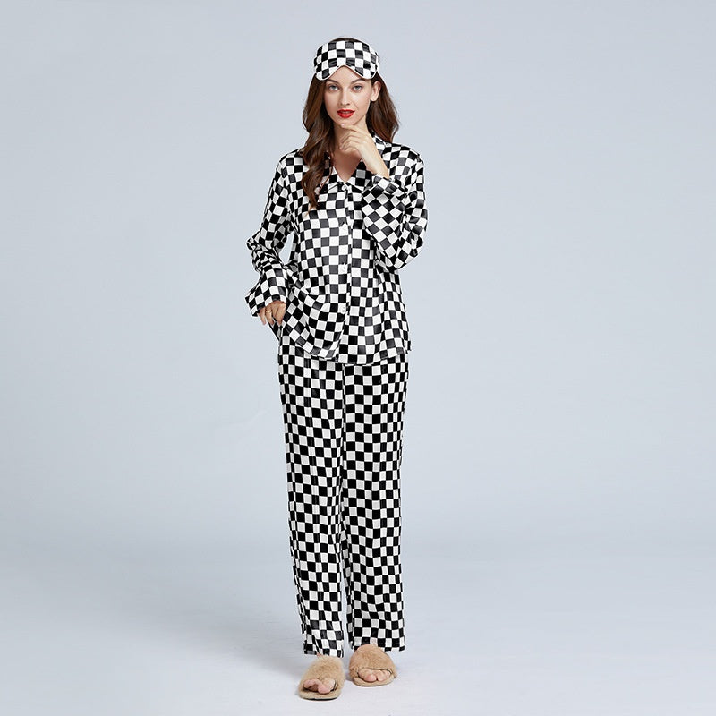 19 Momme Mulberry Silk Checkerboard Print Long Sleeve Trousers Pajamas Set