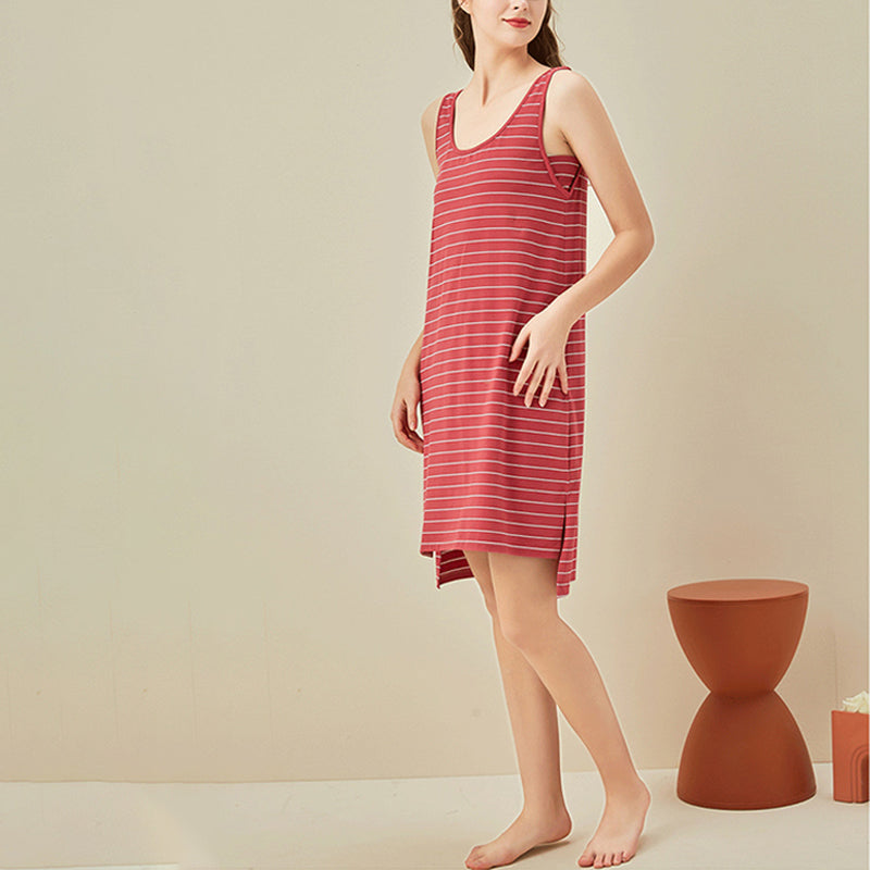 Striped Round Neck Sleeveless Sleepdress