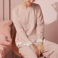 Pink Round Neck Pajama Set with Lace Trim