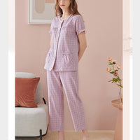 Purple Round Neck Check Print Pajama Set