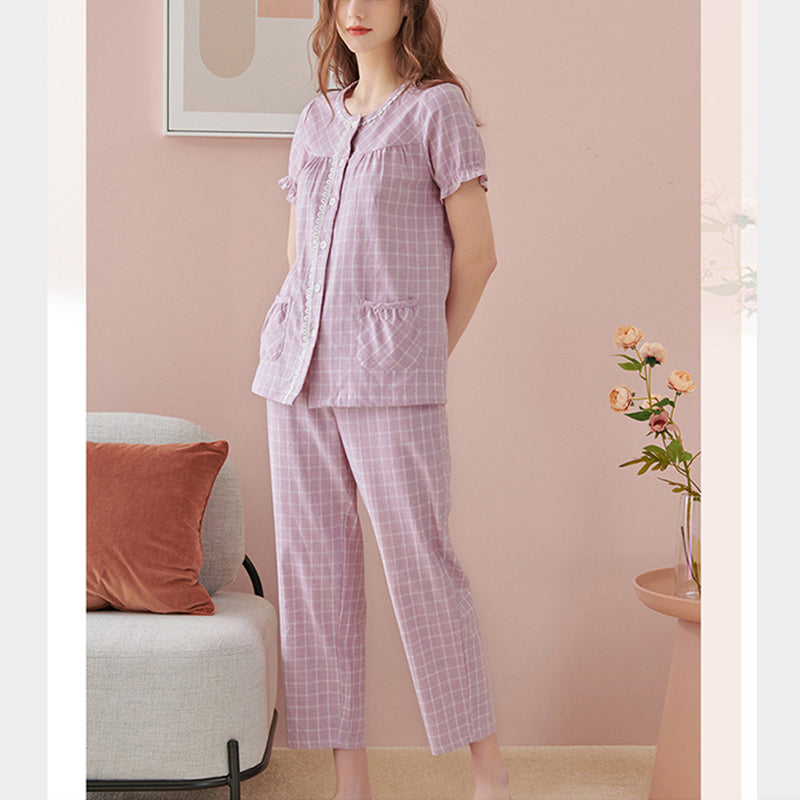 Purple Round Neck Check Print Pajama Set