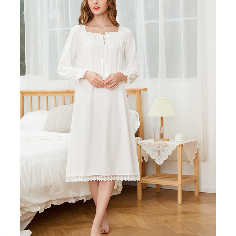 White Square Neck Long Sleeves Cotton Nightdress