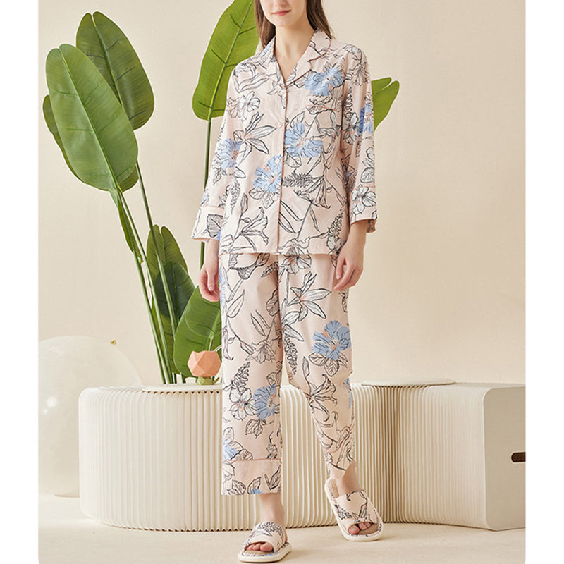 Flowers Printed Trimmed Pajama Set