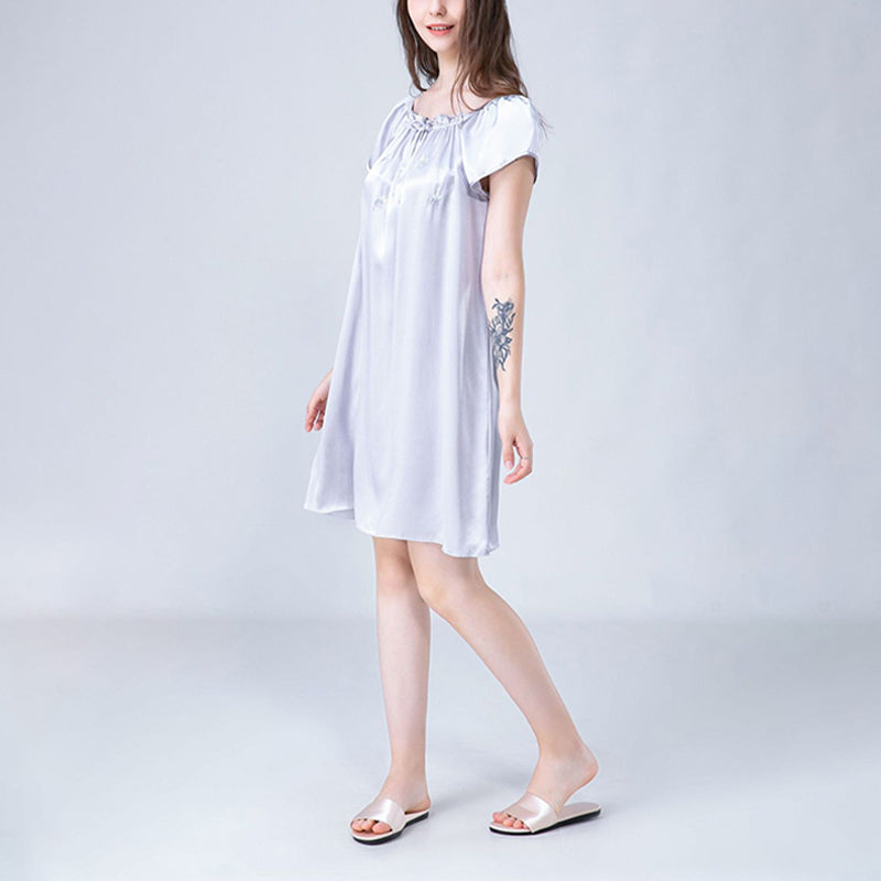 Flower Embroidered Tie Collar Silk Nightdress