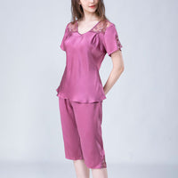 V-Neck Silk Pajamas with Hollow Out Lace Detail