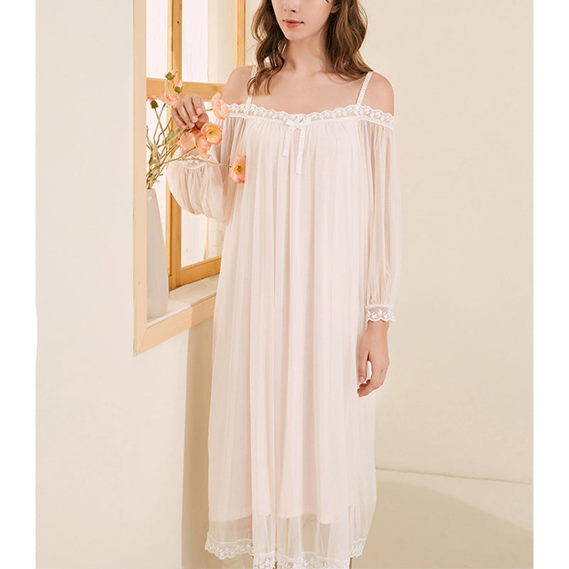 White Off-the-shouler Mesh Long Sleeves Nightgown