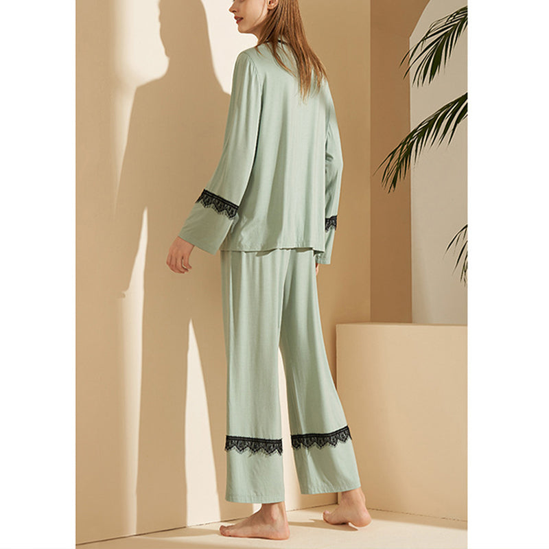 Green Lace Trimmed Pajama Set