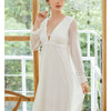 White V Neck Mesh Long Sleeves Nightgown