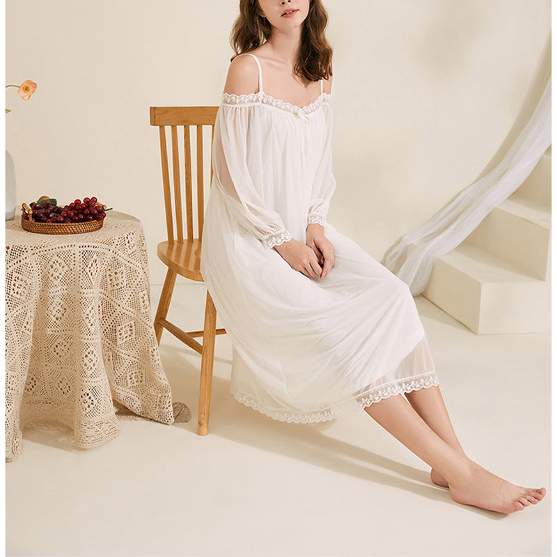 White Off-the-shouler Mesh Long Sleeves Nightgown