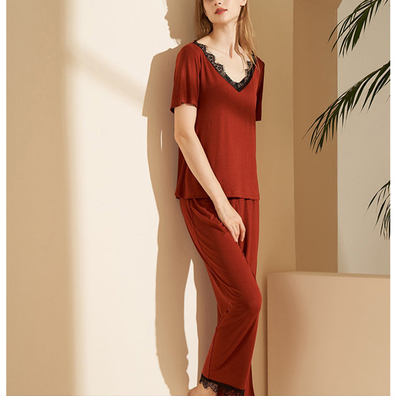 Eyelash Lace V Neck Pajama Set