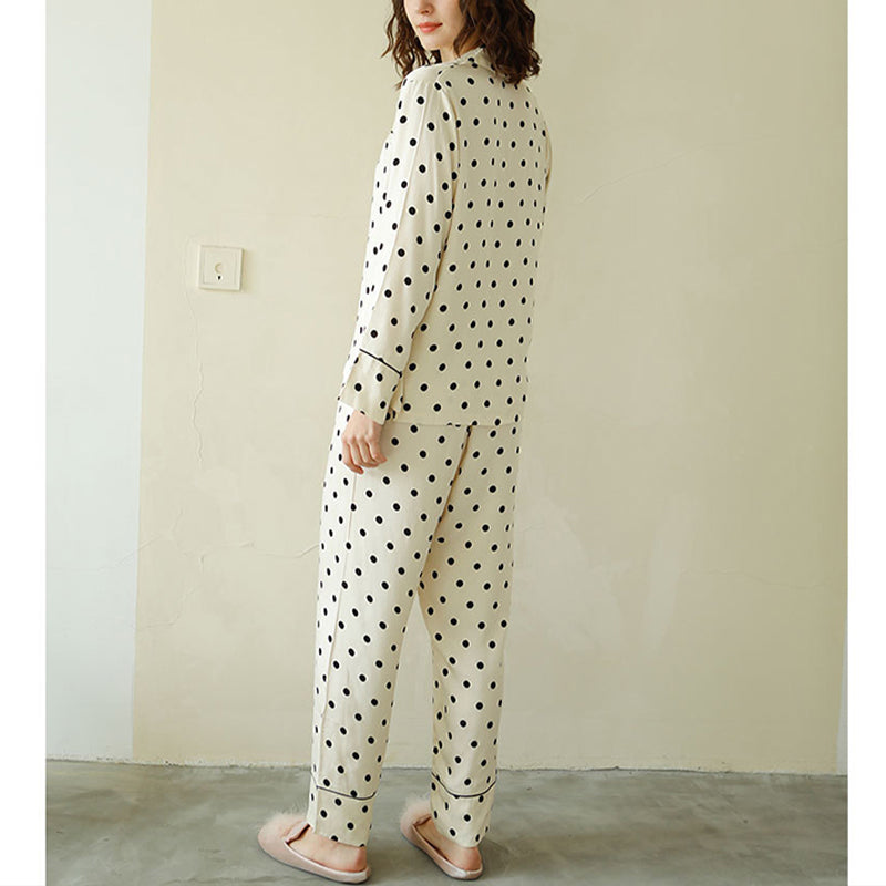 Beige Polka Dots Print Long Sleeved Pajama Set