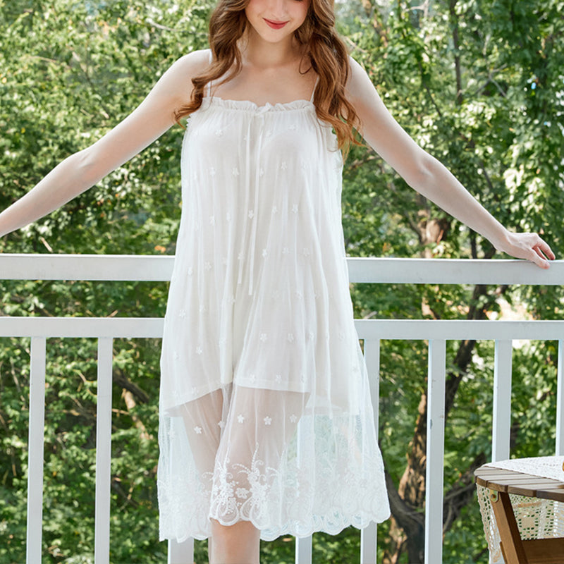 White Floral Embroidered Mesh Nightdress