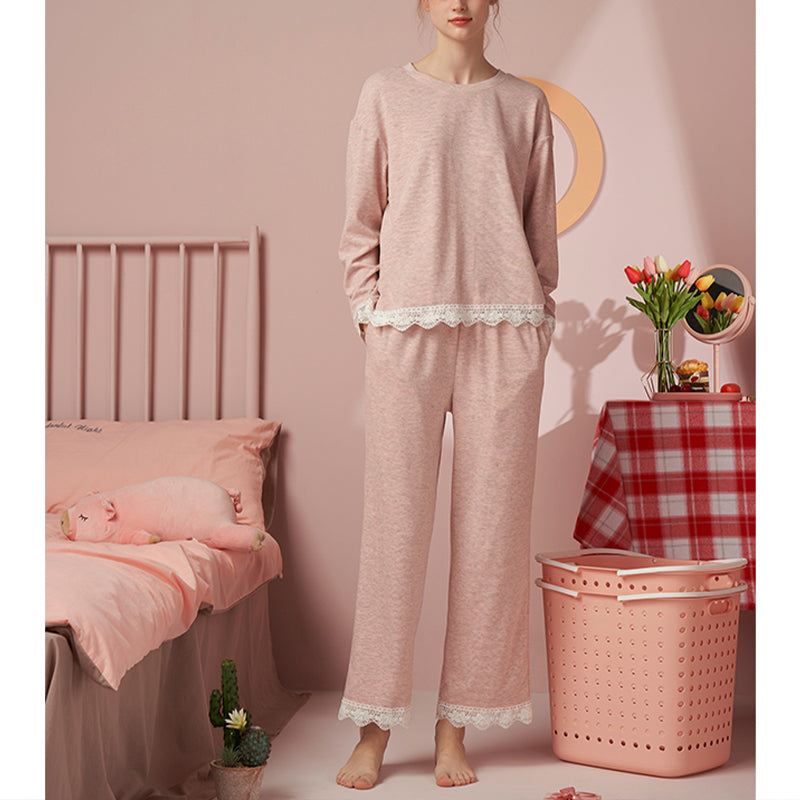 Pink Round Neck Pajama Set with Lace Trim