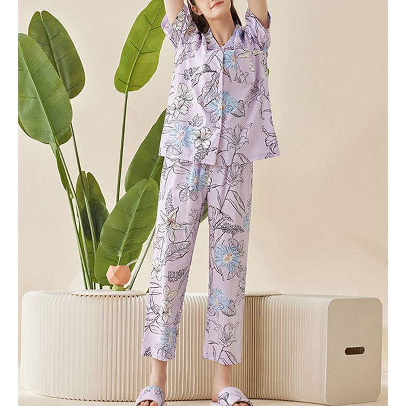 Flowers Printed Trimmed Short Sleeved Pajama Set