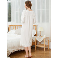 White Square Neck Long Sleeves Cotton Nightdress