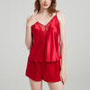 V-Neck Lace Panel Suspender Shorts Pajama Set