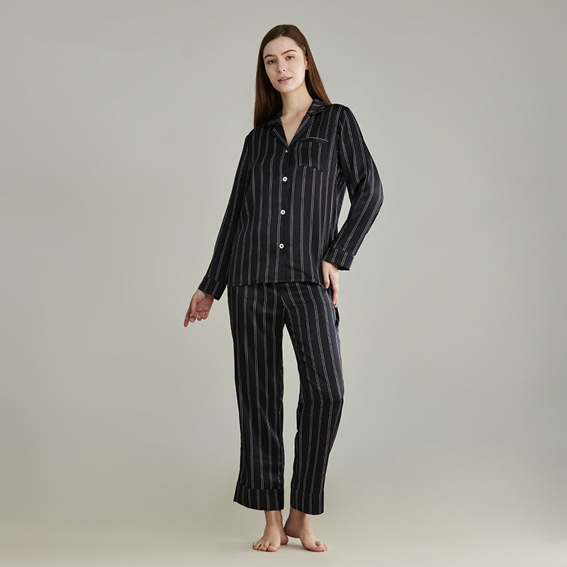 19 Momme Mulberry Silk Pinstriped Long Sleeve Trousers Pajamas Set