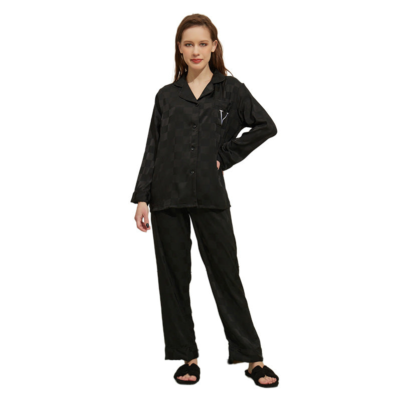 Ice Silk Pocket Print Long Sleeve Pajama Set