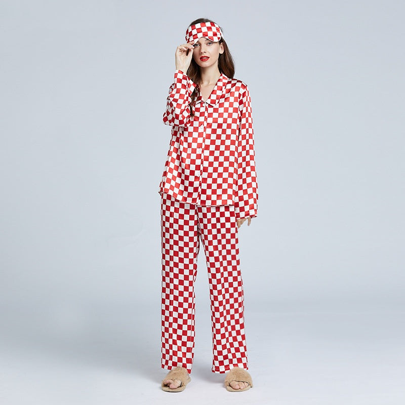 19 Momme Mulberry Silk Checkerboard Print Long Sleeve Trousers Pajamas Set