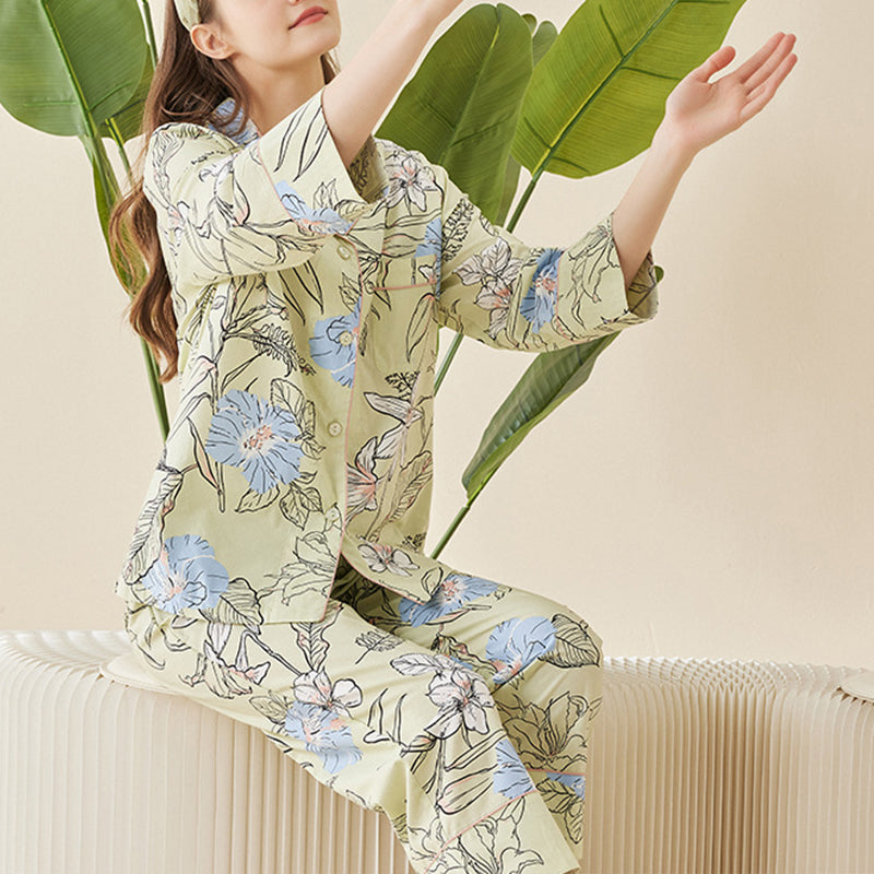 Flowers Printed Trimmed Pajama Set