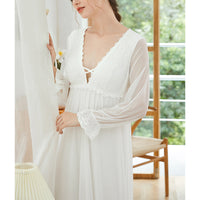 White V Neck Mesh Long Sleeves Nightgown