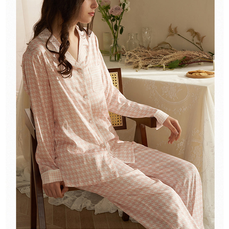 Pink Houndstooth Print Pajama Set