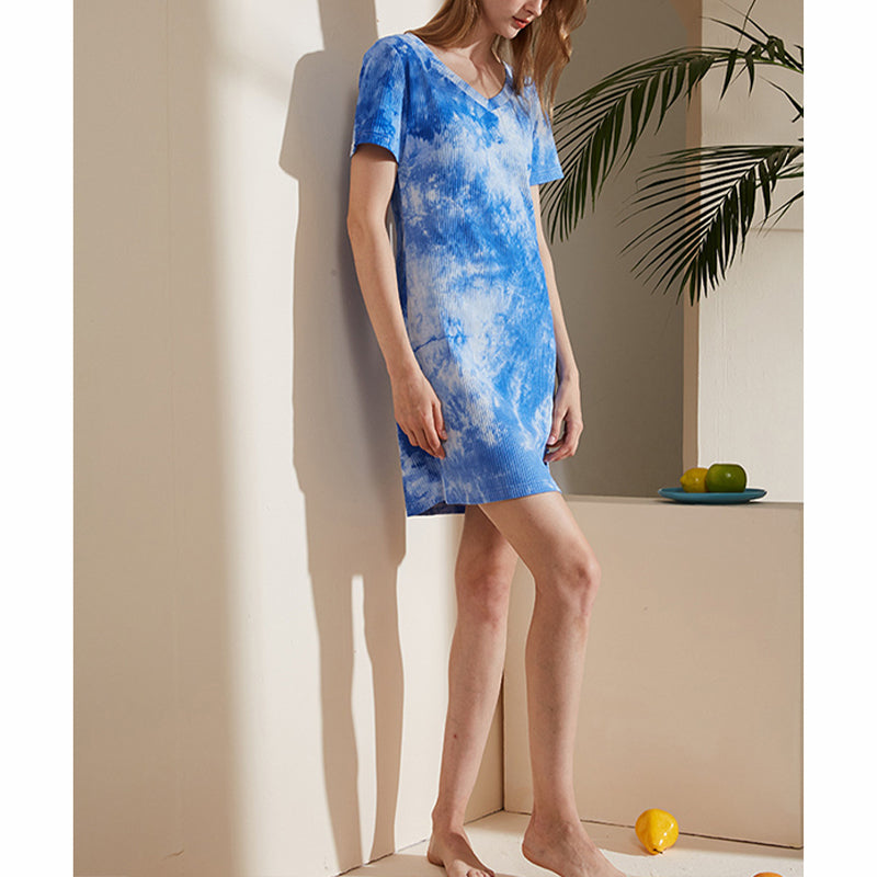 Blue Tie-dye Short Sleeves Sleepdress