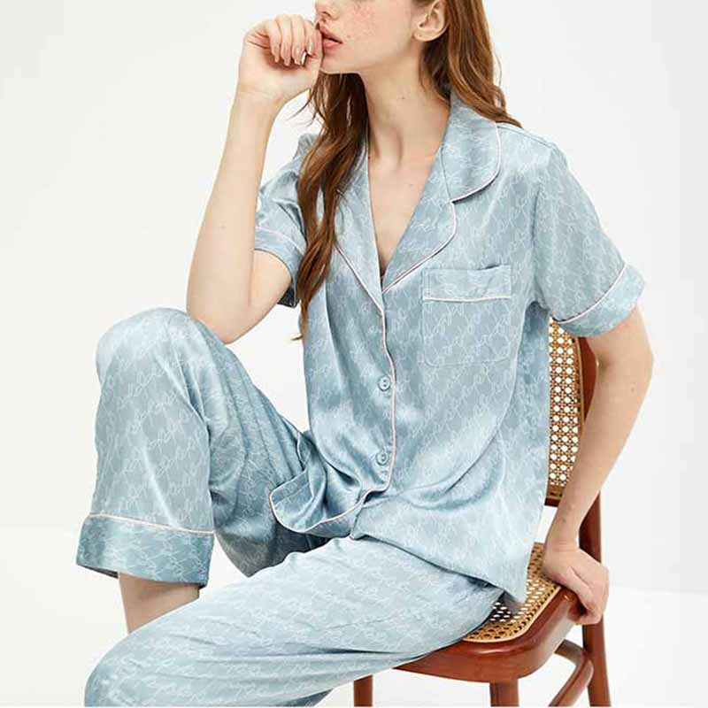 Light Blue Satin Short Sleeves Pajama Set