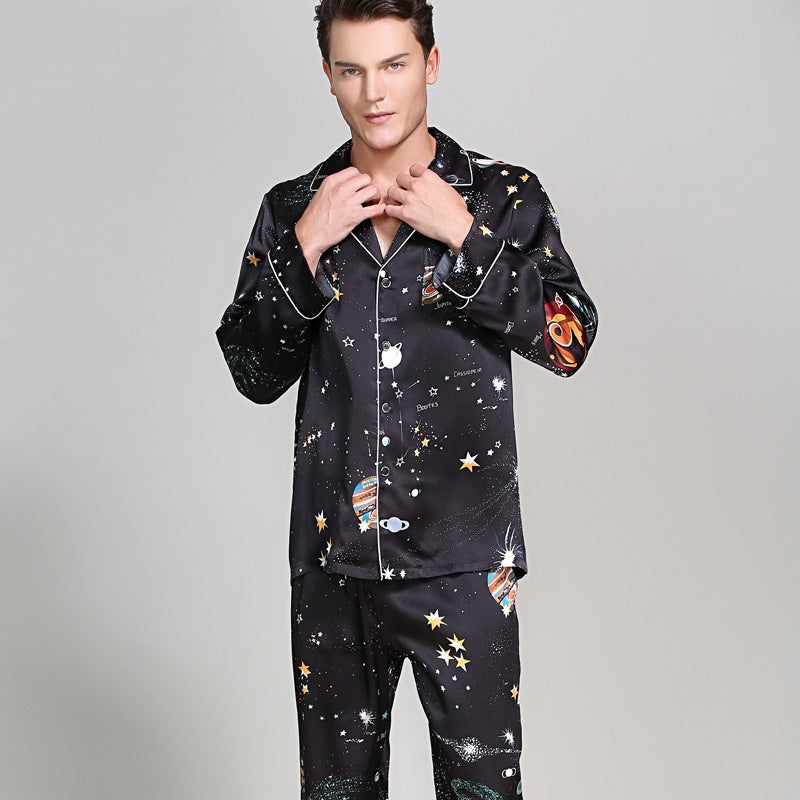 19 Momme Mulberry Silk Interstellar print Men's Long Sleeve Pajamas Set