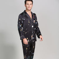 19 Momme Mulberry Silk Interstellar print Men's Long Sleeve Pajamas Set