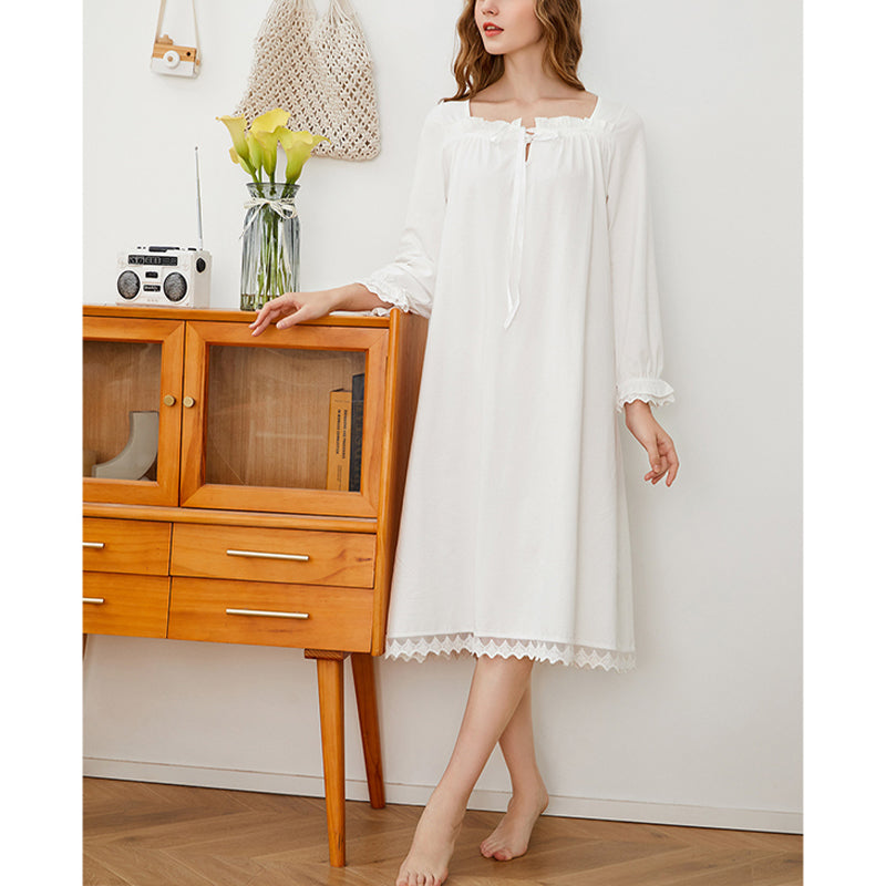 White Square Neck Long Sleeves Cotton Nightdress