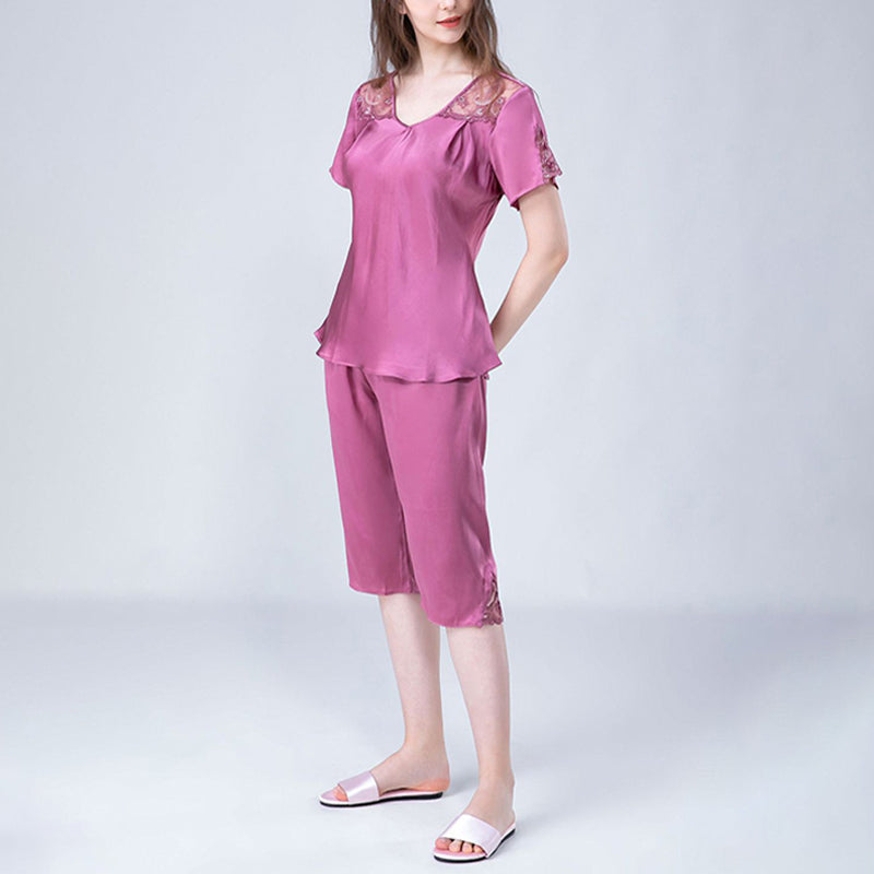 V-Neck Silk Pajamas with Hollow Out Lace Detail