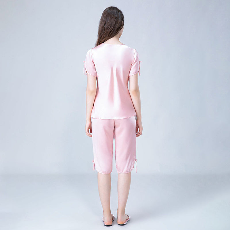 Square Neck Silk Pajamas with Sher Lace Detail