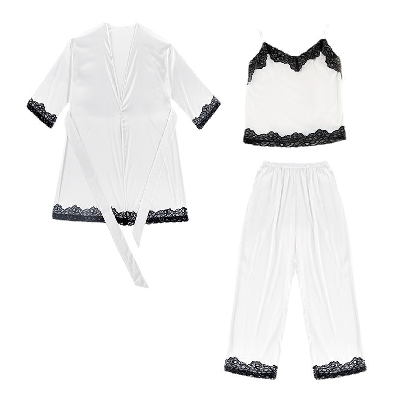 White Lace Trimed Long Pajama Set