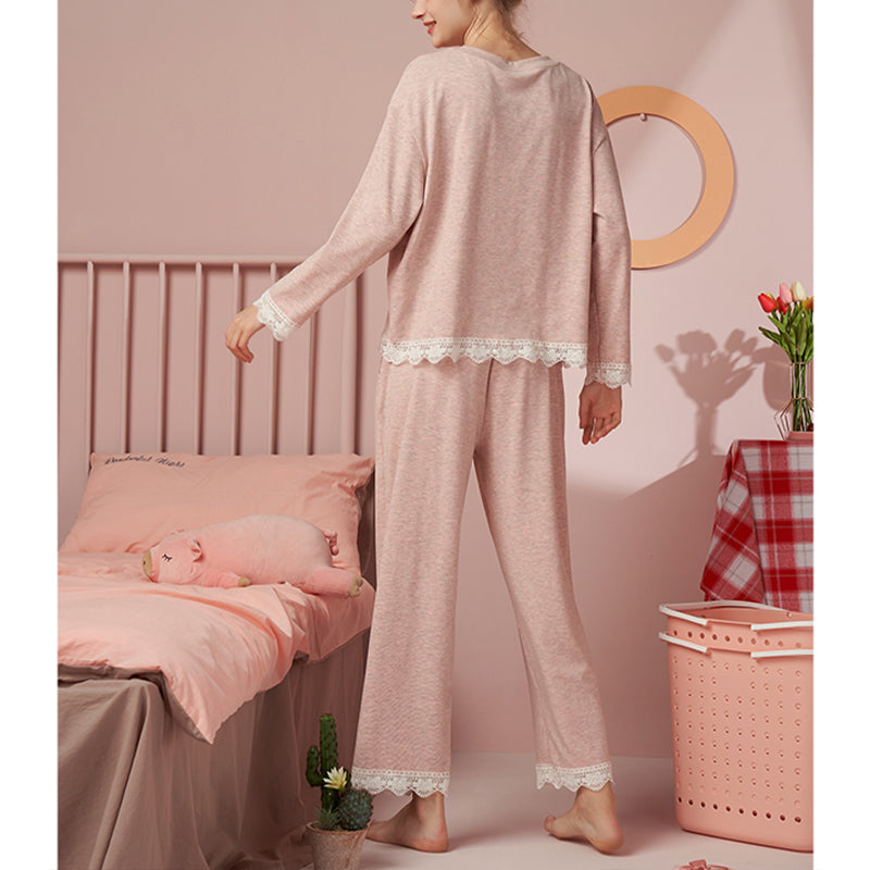 Pink Round Neck Pajama Set with Lace Trim